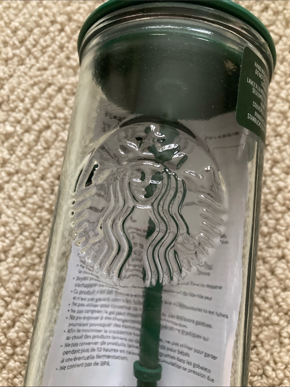 NEW Starbucks Clear Glass Tumbler with Dark Green Lid Straw NWT - Picture 3 of 7